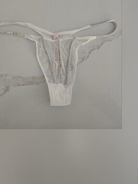 NWT Victoria's Secret White Sheer Mesh Thong with Rhinestone Straps